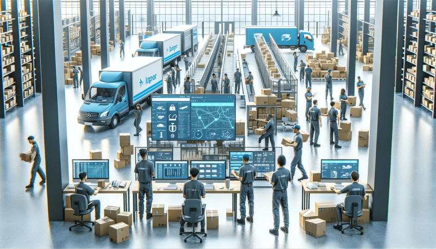 Empresa logistica con empleados, equipo y tecnologia
